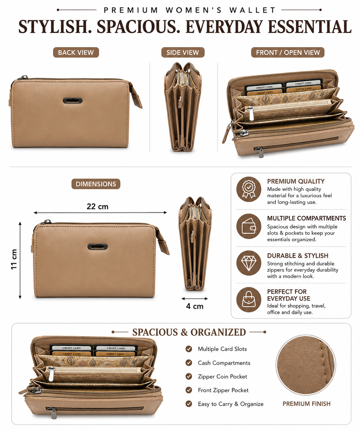 BATUTA Women’s Zip Around Clutch Wallet | PU Leather Ladies Wallet | Multi Compartment Purse with Card Slots, Cash Sections, Coin Pocket & Wrist Strap