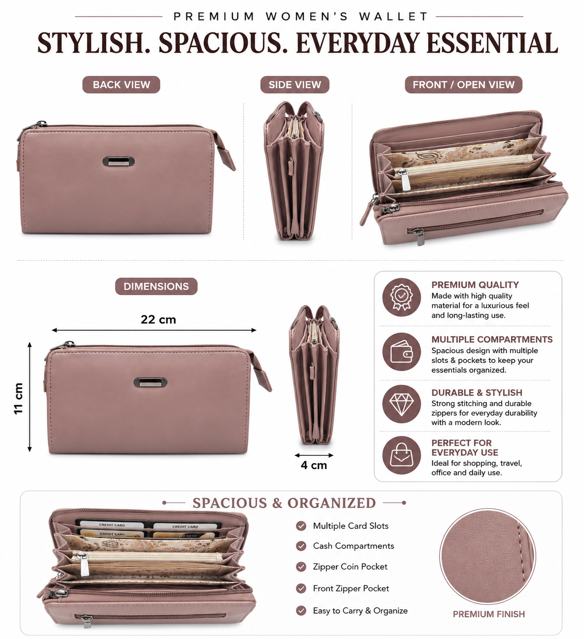 BATUTA Women’s Zip Around Clutch Wallet | PU Leather Ladies Wallet | Multi Compartment Purse with Card Slots, Cash Sections, Coin Pocket & Wrist Strap