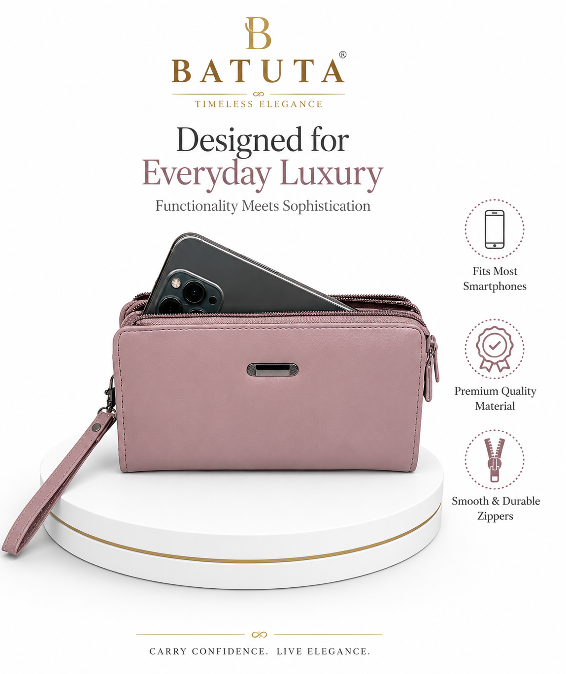 BATUTA Women’s Zip Around Clutch Wallet | PU Leather Ladies Wallet | Multi Compartment Purse with Card Slots, Cash Sections, Coin Pocket & Wrist Strap