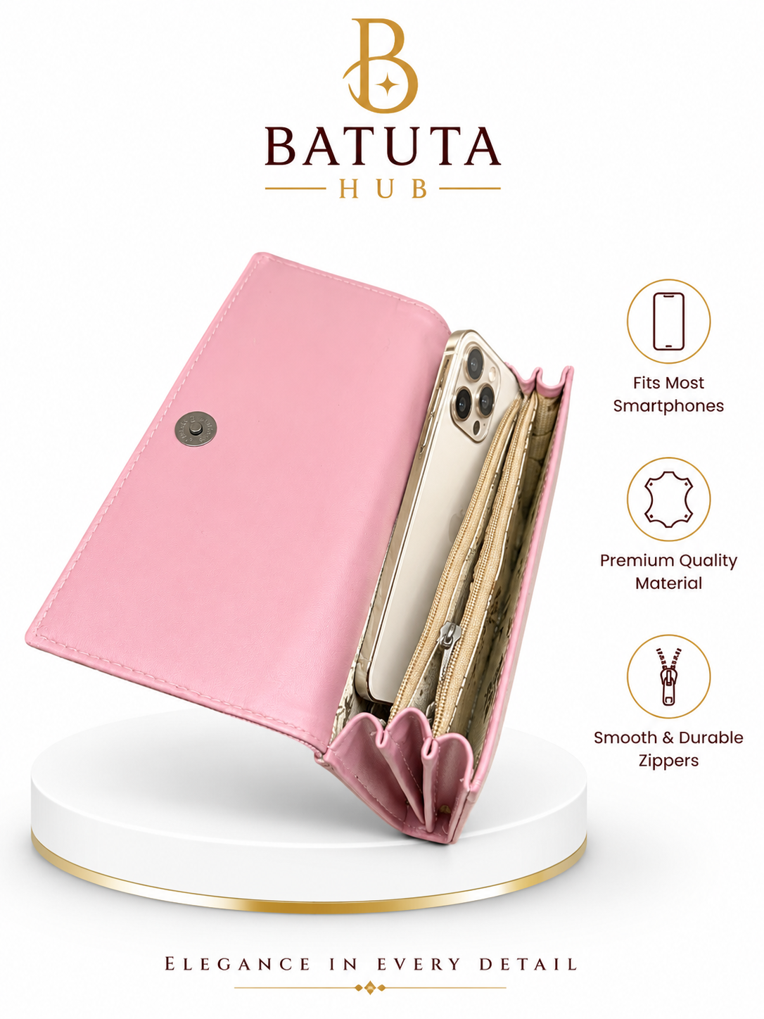 BATUTA HUB Women’s Premium Textured Leatherette Clutch Wallet | Long Ladies Purse with Multiple Card Slots, Zip Pocket & Magnetic Closure | Stylish Wallet for Women