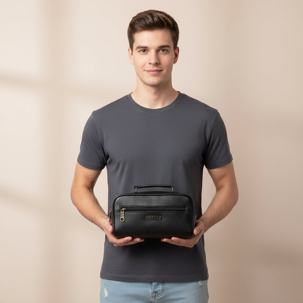 BATUTA Genuine Leather Toiletry Bag for Men & Women | Travel Shaving Kit Pouch | Two Section Variants | Vintage Brown & Black | Unisex Kit Organizer