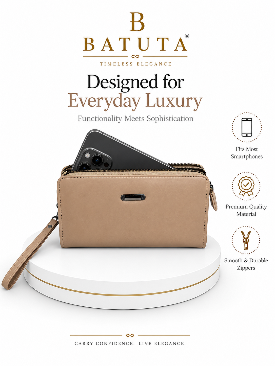 BATUTA Women’s Zip Around Clutch Wallet | PU Leather Ladies Wallet | Multi Compartment Purse with Card Slots, Cash Sections, Coin Pocket & Wrist Strap