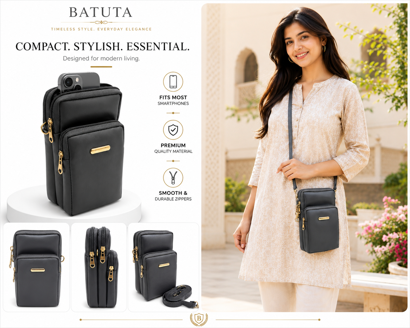 BATUTA HUB Women’s Mobile Sling Bag | Multi Pocket Crossbody Bag | 3 Zip Compartments | Adjustable Shoulder Strap Compact Travel Organizer Purse for Daily Use