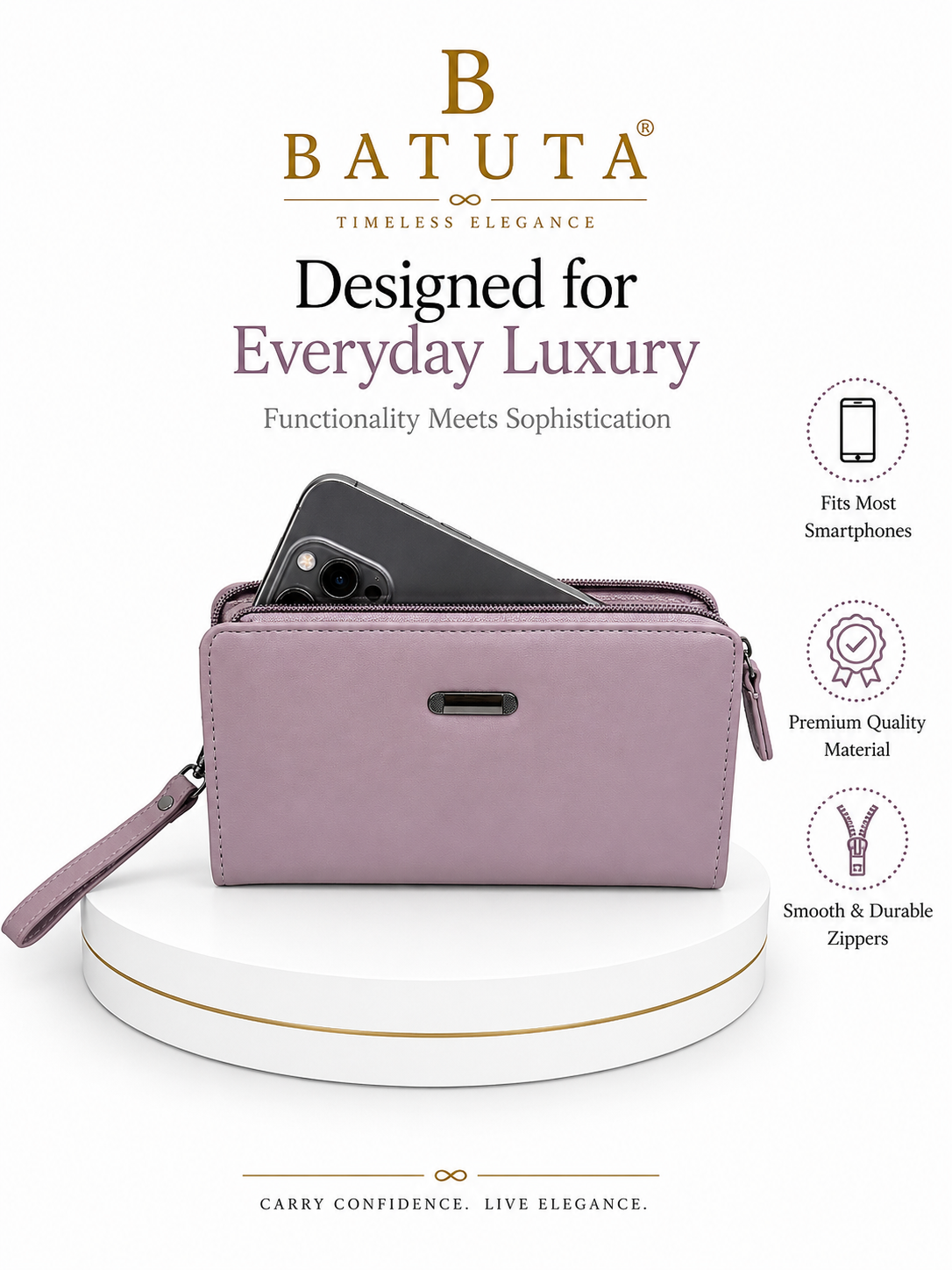 BATUTA Women’s Zip Around Clutch Wallet | PU Leather Ladies Wallet | Multi Compartment Purse with Card Slots, Cash Sections, Coin Pocket & Wrist Strap
