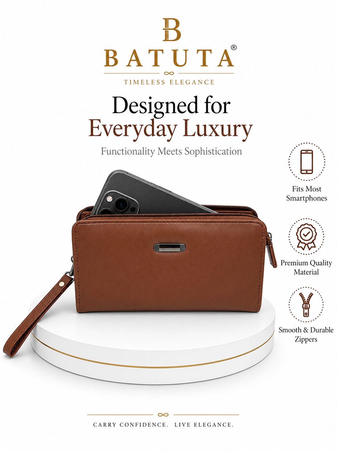 BATUTA Women’s Zip Around Clutch Wallet | PU Leather Ladies Wallet | Multi Compartment Purse with Card Slots, Cash Sections, Coin Pocket & Wrist Strap