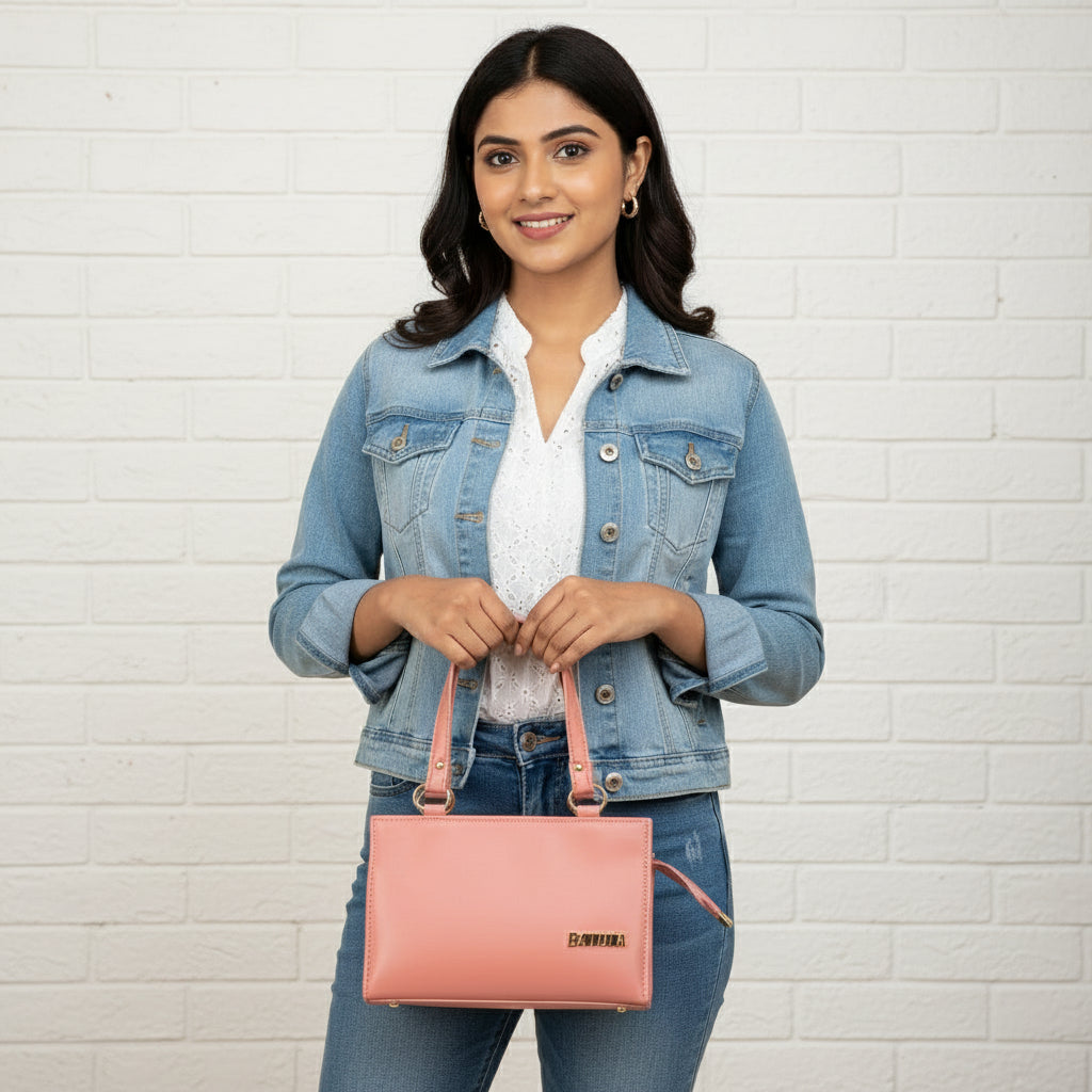 Pink handbag held by a hand against a white brick wall background