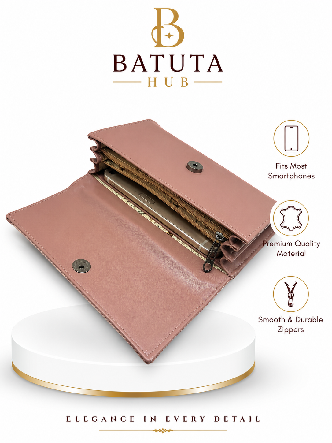 BATUTA HUB Women’s Premium Textured Leatherette Clutch Wallet | Long Ladies Purse with Multiple Card Slots, Zip Pocket & Magnetic Closure | Stylish Wallet for Women
