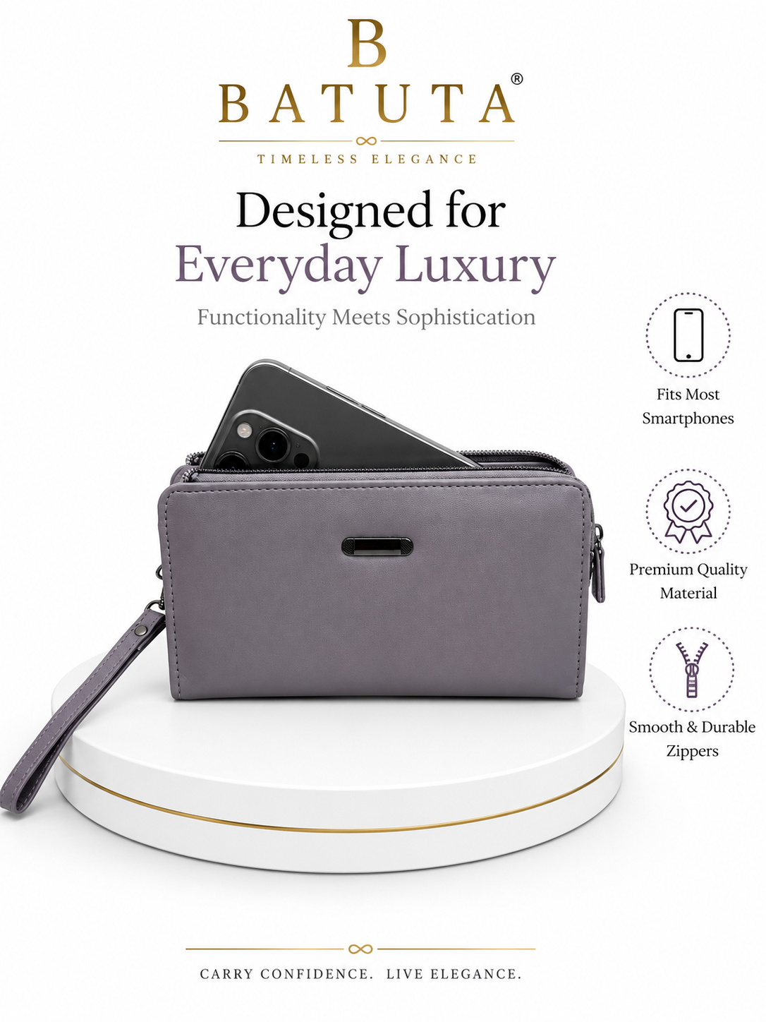 BATUTA Women’s Zip Around Clutch Wallet | PU Leather Ladies Wallet | Multi Compartment Purse with Card Slots, Cash Sections, Coin Pocket & Wrist Strap