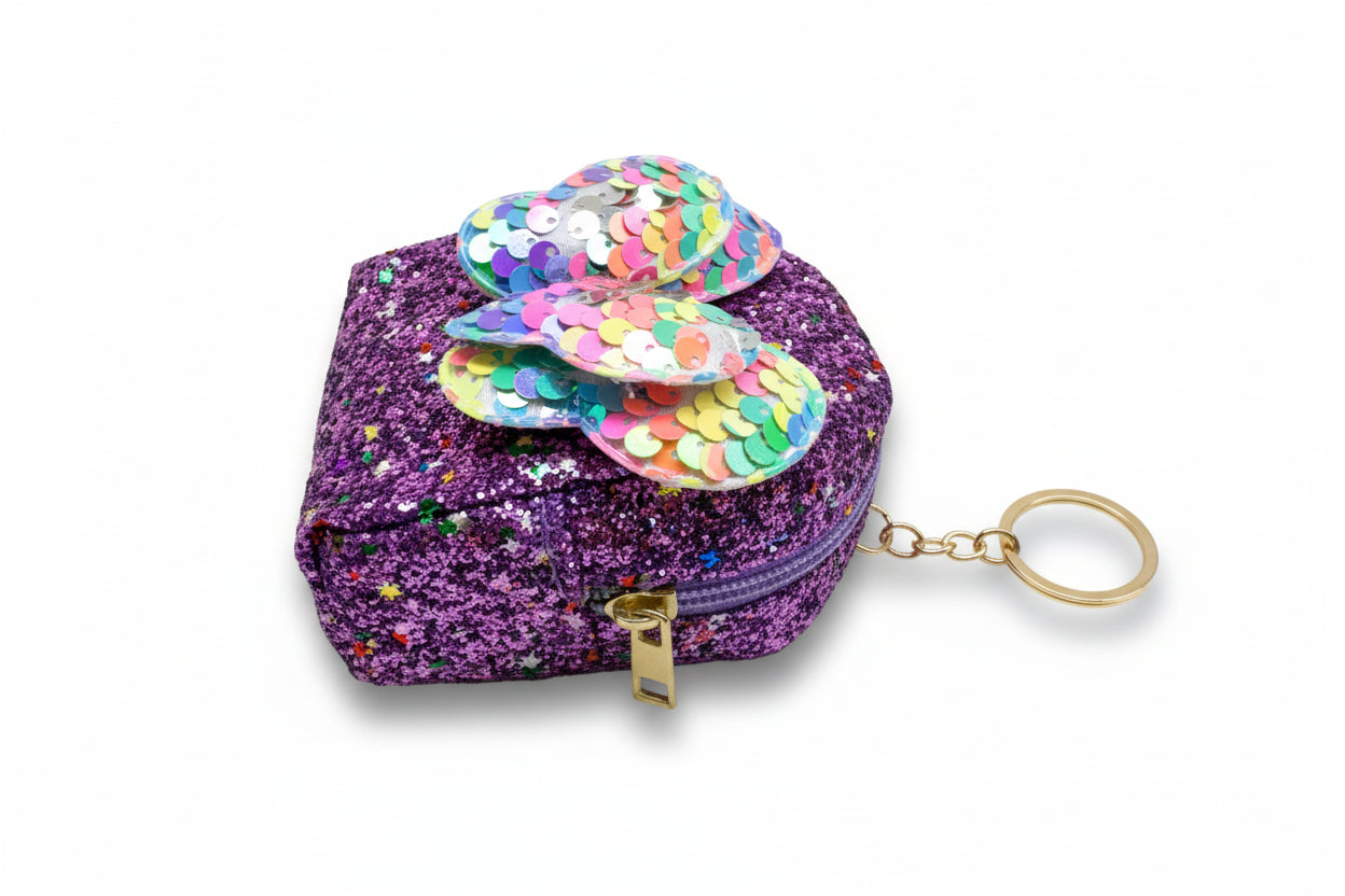 BATUTA - Girls Embroidery Zipper Mini Reversible Sequin Purse Keychain Pouch Bag (Multicolour, 10 x 7 x 5cm)