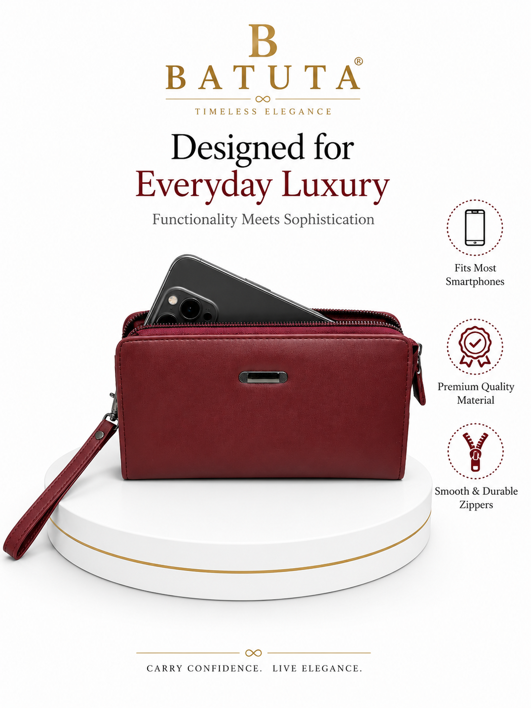 BATUTA Women’s Zip Around Clutch Wallet | PU Leather Ladies Wallet | Multi Compartment Purse with Card Slots, Cash Sections, Coin Pocket & Wrist Strap