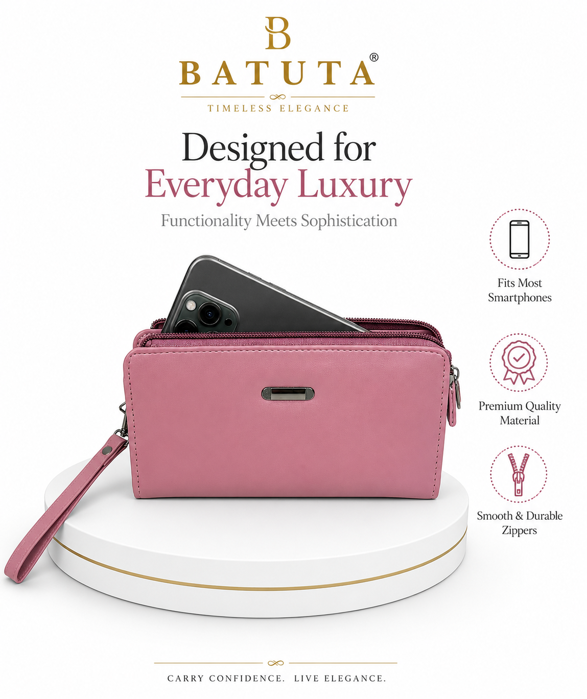 BATUTA Women’s Zip Around Clutch Wallet | PU Leather Ladies Wallet | Multi Compartment Purse with Card Slots, Cash Sections, Coin Pocket & Wrist Strap