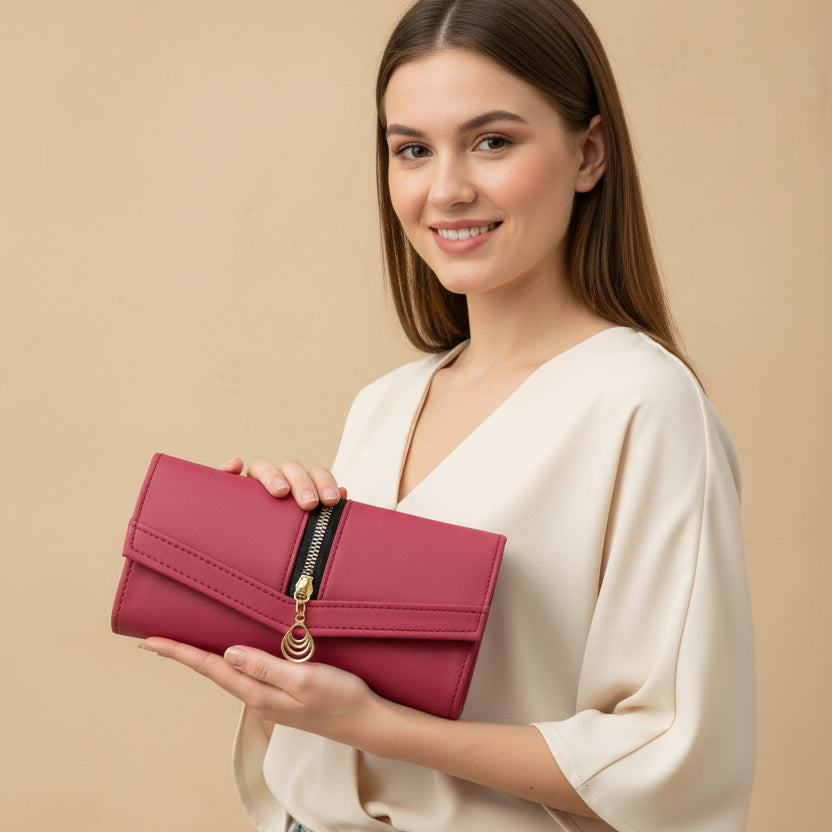 Elegant Women’s Multi-Compartment Long Wallet with Zipper Pocket & Magnetic Closure