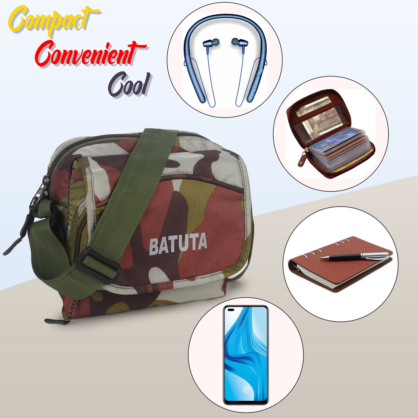 BATUTA - Army Print Waterproof Travel Sling Bag for Men - Durable Polyester Material