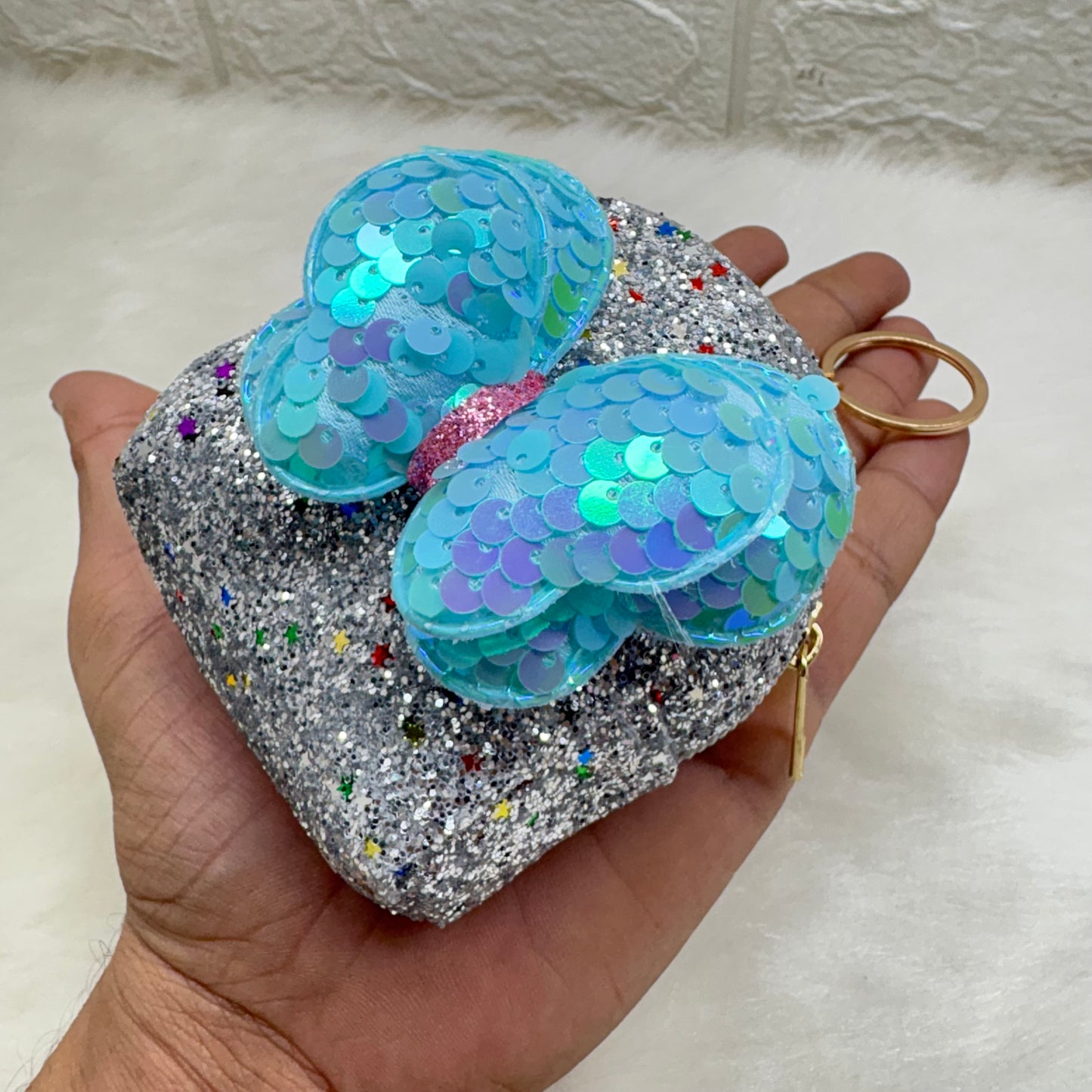 BATUTA - Girls Embroidery Zipper Mini Reversible Sequin Purse Keychain Pouch Bag (Multicolour, 10 x 7 x 5cm)