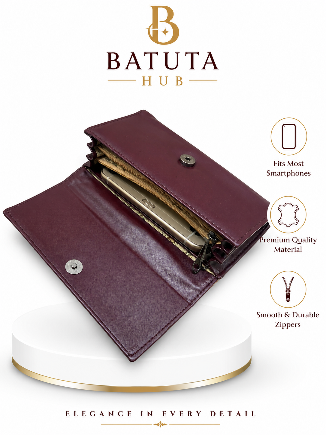 BATUTA HUB Women’s Premium Textured Leatherette Clutch Wallet | Long Ladies Purse with Multiple Card Slots, Zip Pocket & Magnetic Closure | Stylish Wallet for Women