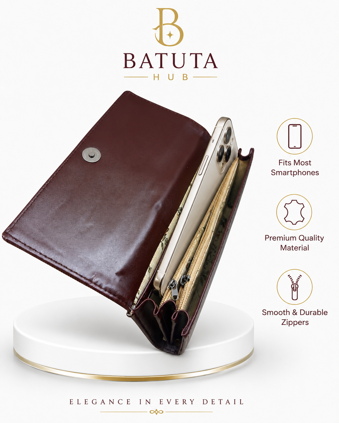 BATUTA HUB Women’s Premium Textured Leatherette Clutch Wallet | Long Ladies Purse with Multiple Card Slots, Zip Pocket & Magnetic Closure | Stylish Wallet for Women