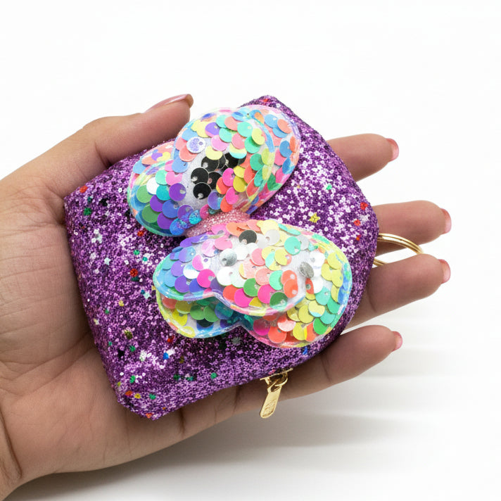BATUTA - Girls Embroidery Zipper Mini Reversible Sequin Purse Keychain Pouch Bag (Multicolour, 10 x 7 x 5cm)