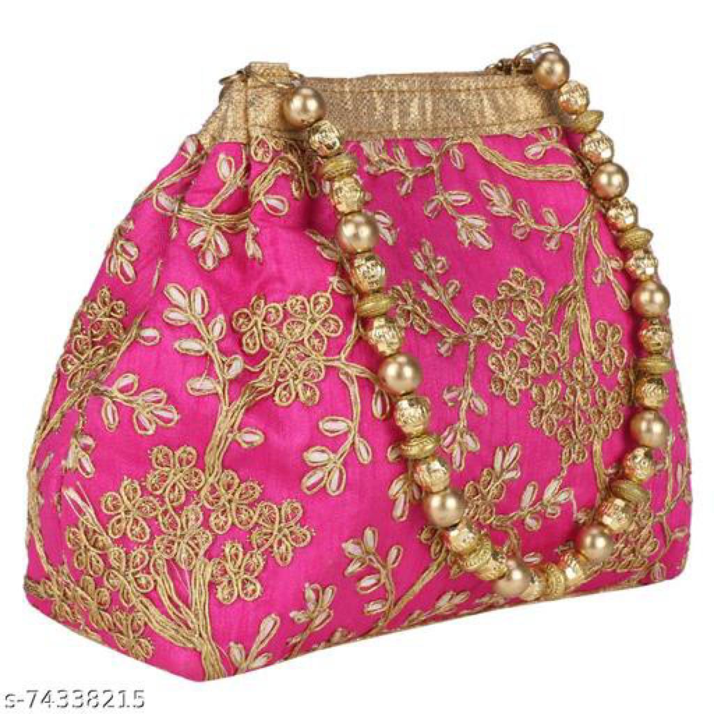 LONGING TO BUY Ethnic Designer Embroidered Silk Potli Bag Batwa Pearls Handle Purse