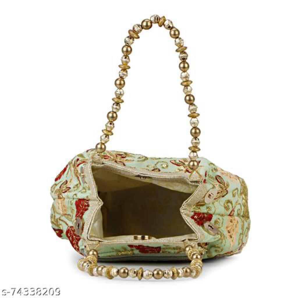 LONGING TO BUY Ethnic Designer Embroidered Silk Potli Bag Batwa Pearls Handle Purse