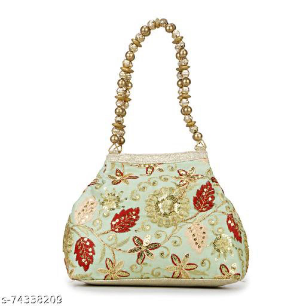 LONGING TO BUY Ethnic Designer Embroidered Silk Potli Bag Batwa Pearls Handle Purse