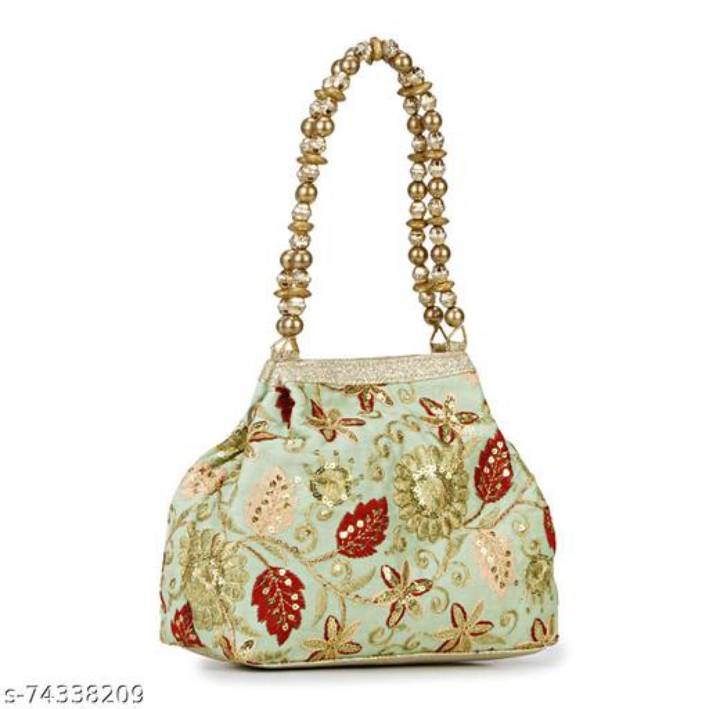 LONGING TO BUY Ethnic Designer Embroidered Silk Potli Bag Batwa Pearls Handle Purse