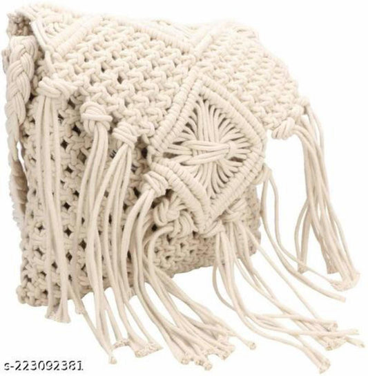 Crochet Tassel Handbag Straw Envelope Clutch Bag Cotton Hobo Hand-Wristlet Bag with Zipper
