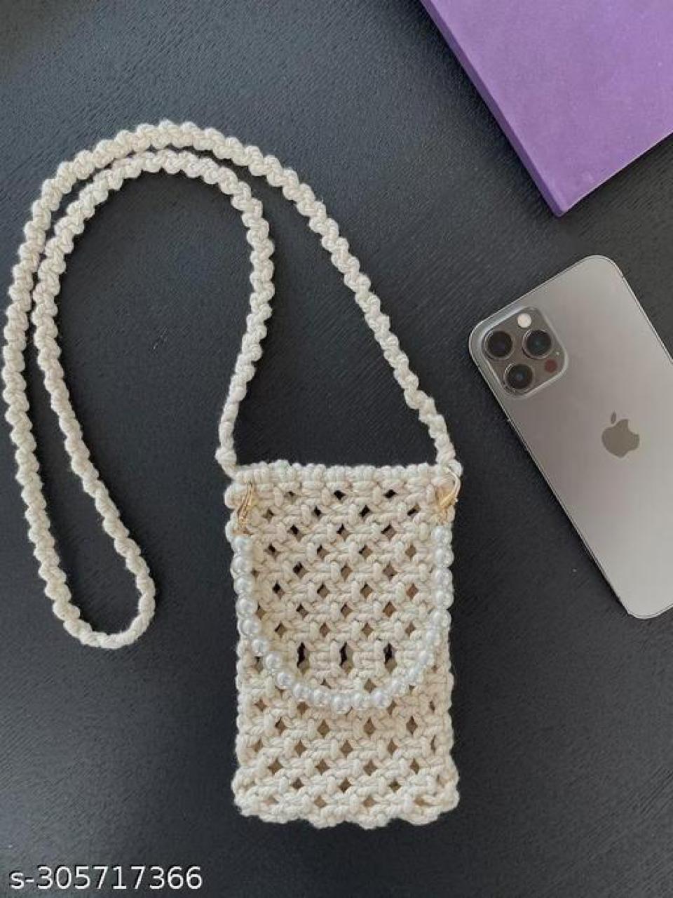 Women Macramé Mobile Sling Bag in OFF WHITE Colour (7" L and 5" W)