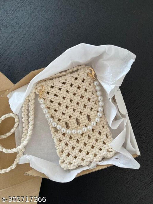 Women Macramé Mobile Sling Bag in OFF WHITE Colour (7" L and 5" W)