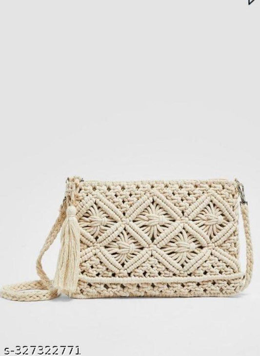 Crochet Tassel Handbag Straw Envelope Clutch Bag Cotton Macrame Purse Hobo Hand-Woven Beach Wristlet Bag with Zipper