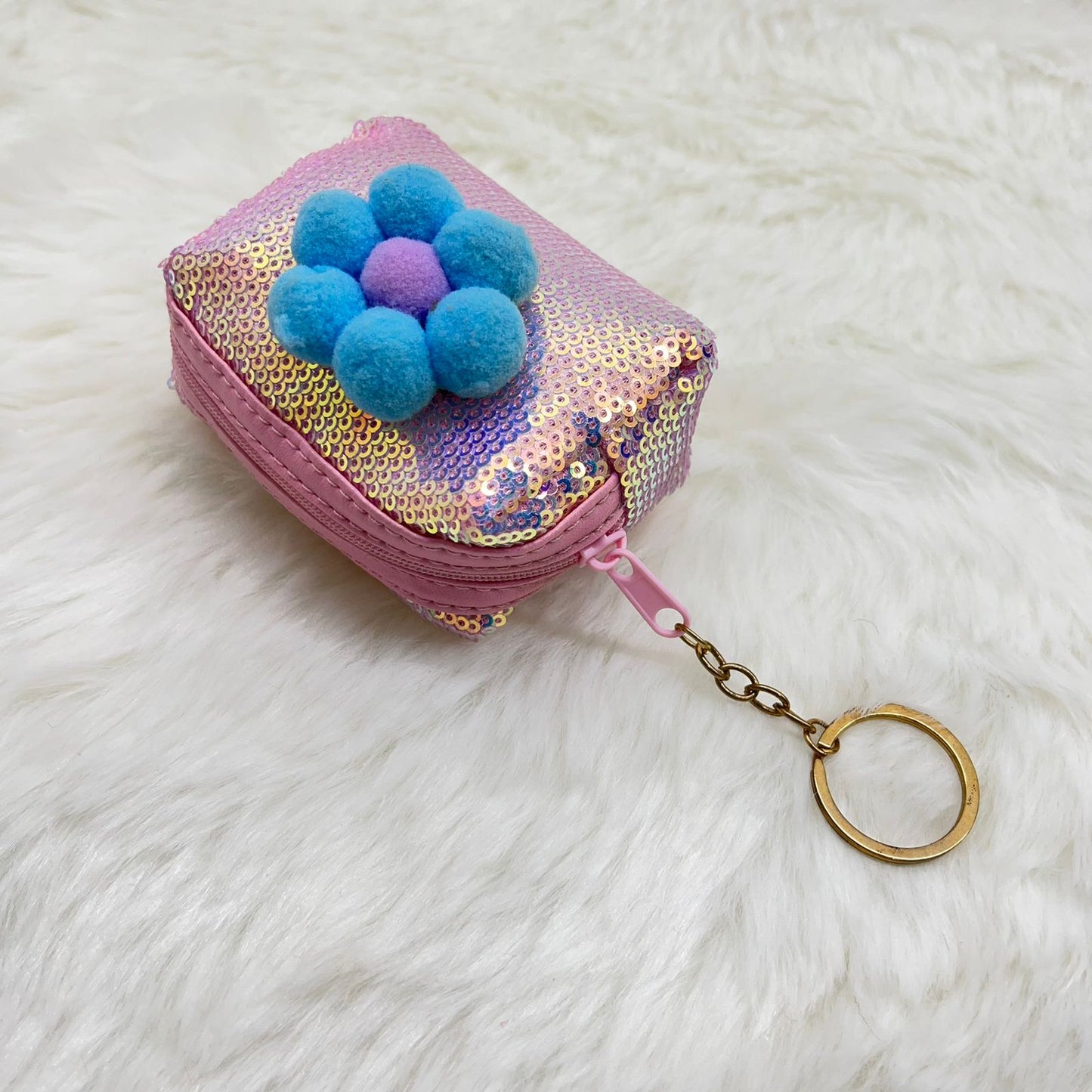 BATUTA - Girls Embroidery Zipper Mini Reversible Sequin Purse Keychain Pouch Bag (Multicolour, 10 x 7 x 5cm)