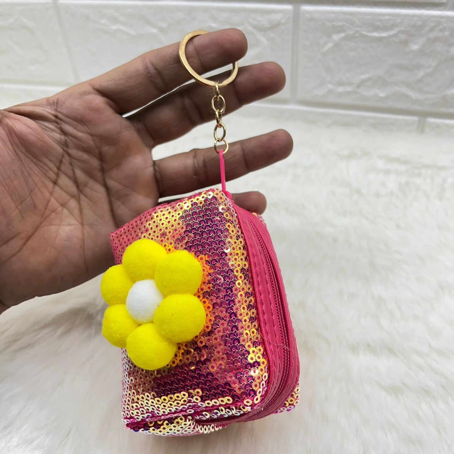 BATUTA - Girls Embroidery Zipper Mini Reversible Sequin Purse Keychain Pouch Bag (Multicolour, 10 x 7 x 5cm)