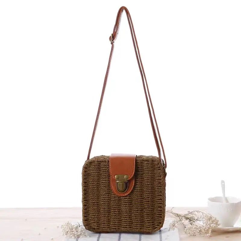 Women Basket Weave Sling Bag with Adjustable Strap, Straw Portable Small Box Woven Womens Cross Body Bag Shoulder Messenger Satchel