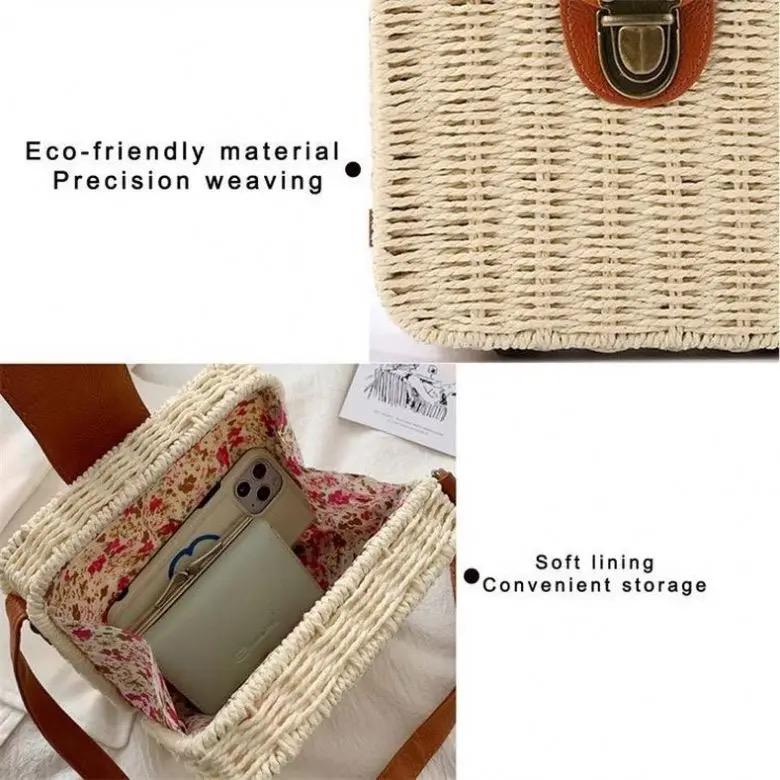 Women Basket Weave Sling Bag with Adjustable Strap, Straw Portable Small Box Woven Womens Cross Body Bag Shoulder Messenger Satchel