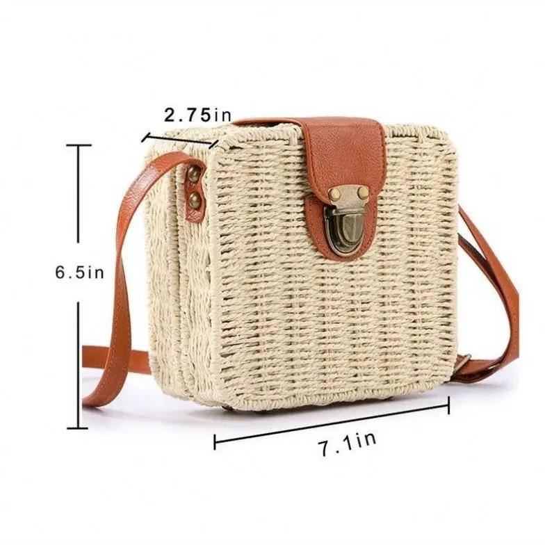 Women Basket Weave Sling Bag with Adjustable Strap, Straw Portable Small Box Woven Womens Cross Body Bag Shoulder Messenger Satchel