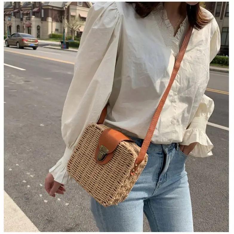 Women Basket Weave Sling Bag with Adjustable Strap, Straw Portable Small Box Woven Womens Cross Body Bag Shoulder Messenger Satchel