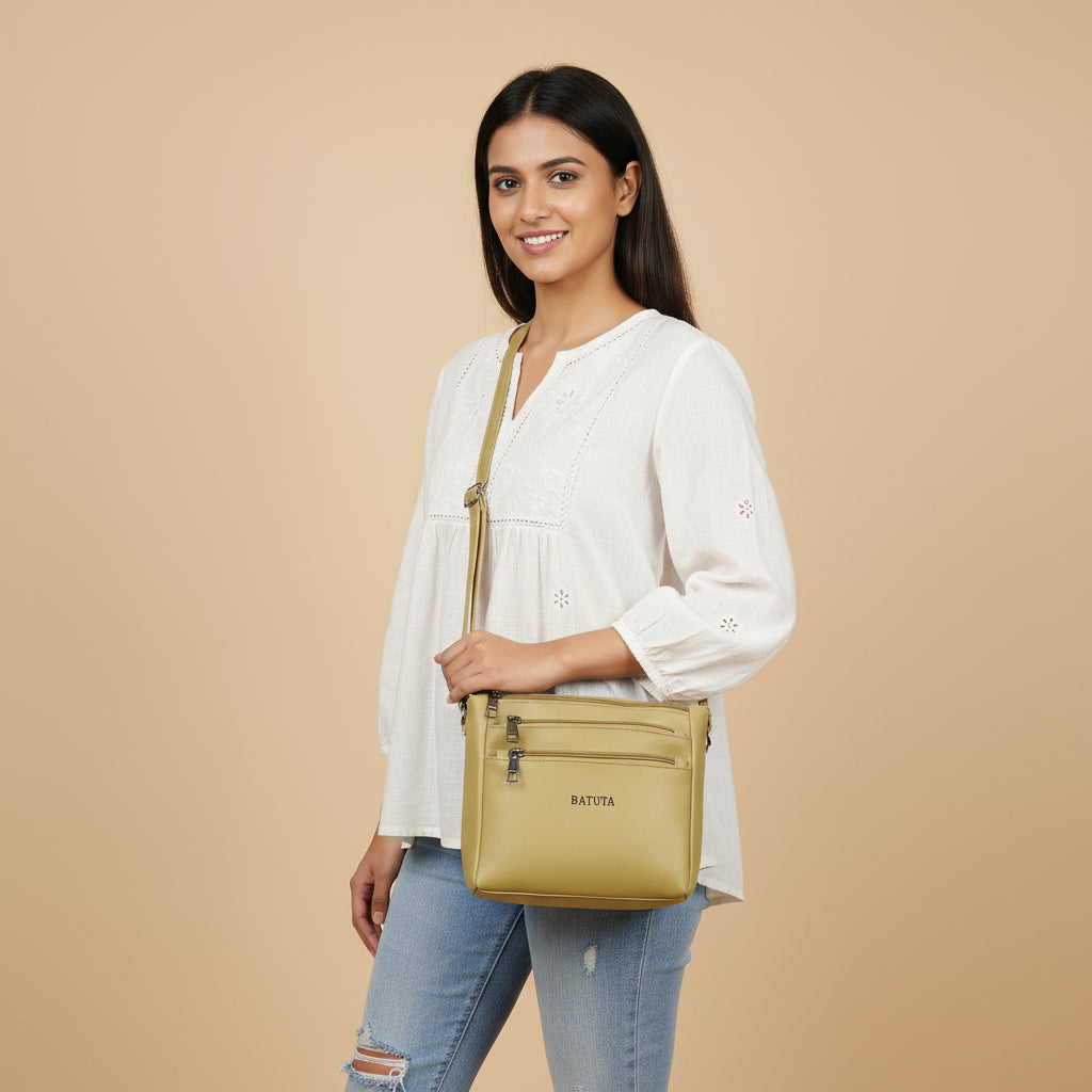 BATUTA - Women's Multi-Zipper Sling Bag, PU Leather Crossbody Purse