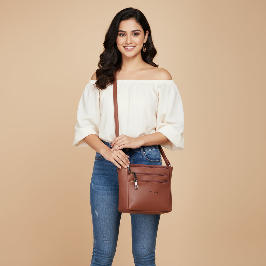BATUTA - Women's Multi-Zipper Sling Bag, PU Leather Crossbody Purse