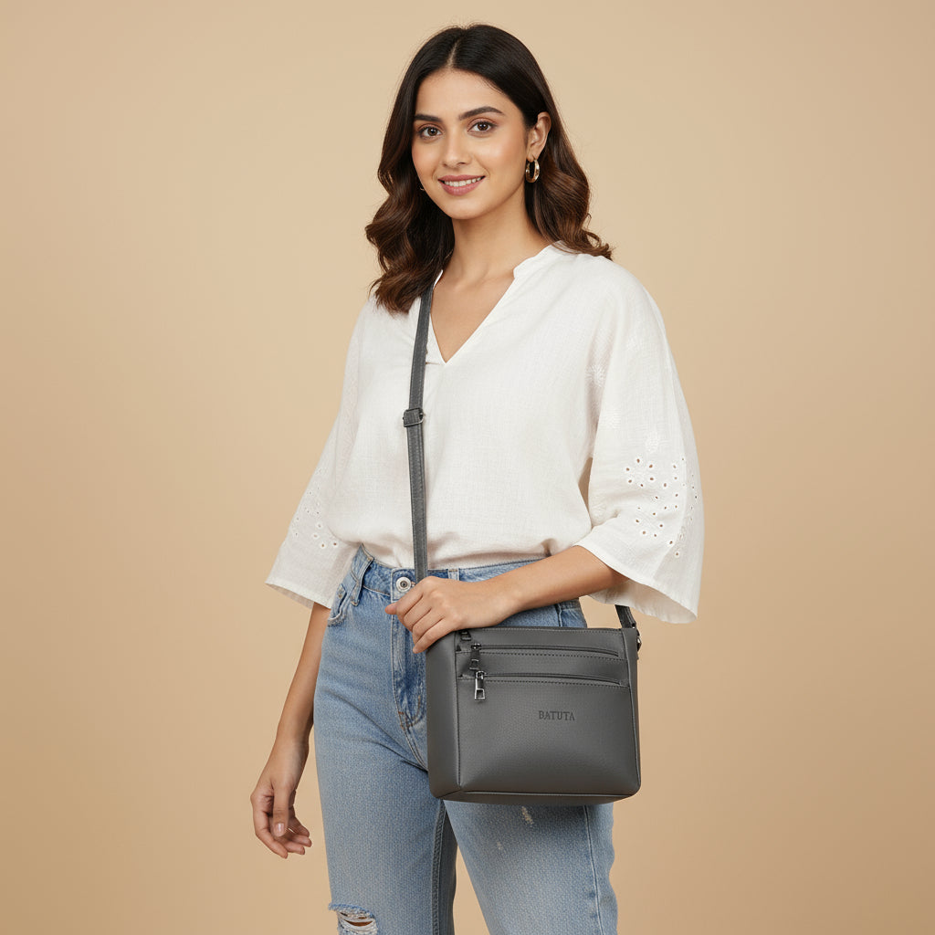 BATUTA - Women's Multi-Zipper Sling Bag, PU Leather Crossbody Purse