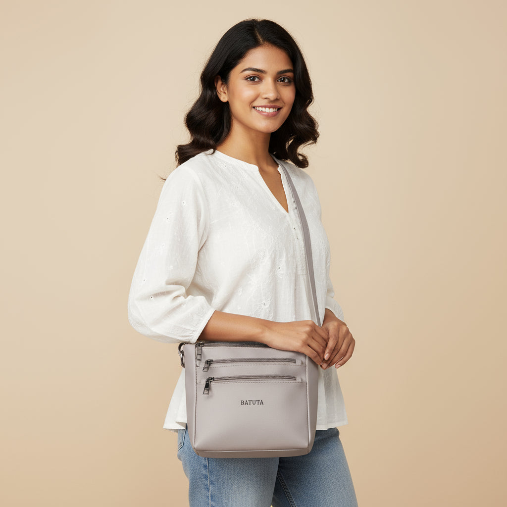 BATUTA - Women's Multi-Zipper Sling Bag, PU Leather Crossbody Purse