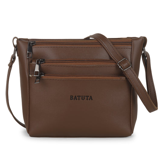 BATUTA - Women's Multi-Zipper Sling Bag, PU Leather Crossbody Purse