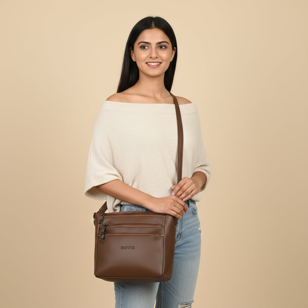 BATUTA - Women's Multi-Zipper Sling Bag, PU Leather Crossbody Purse