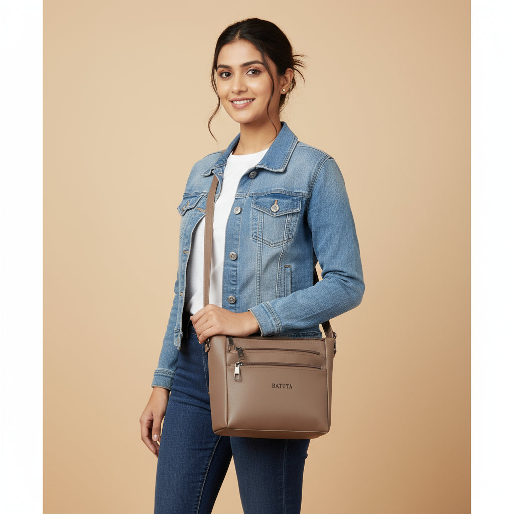 BATUTA - Women's Multi-Zipper Sling Bag, PU Leather Crossbody Purse