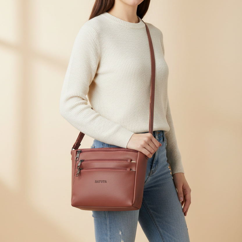 BATUTA - Women's Multi-Zipper Sling Bag, PU Leather Crossbody Purse