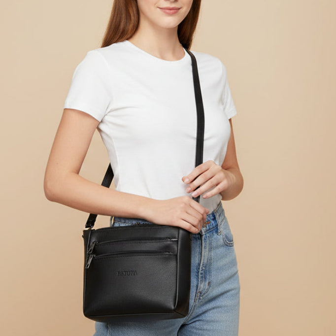 BATUTA - Women's Multi-Zipper Sling Bag, PU Leather Crossbody Purse
