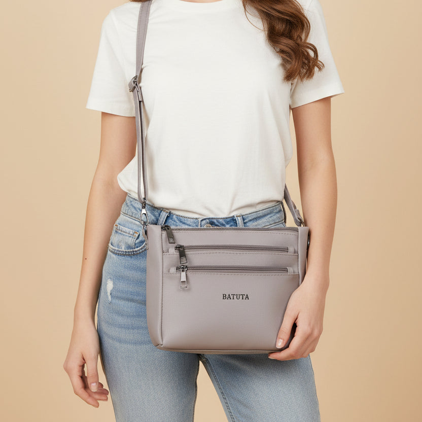 BATUTA - Women's Multi-Zipper Sling Bag, PU Leather Crossbody Purse