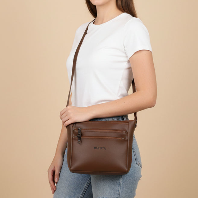 BATUTA - Women's Multi-Zipper Sling Bag, PU Leather Crossbody Purse