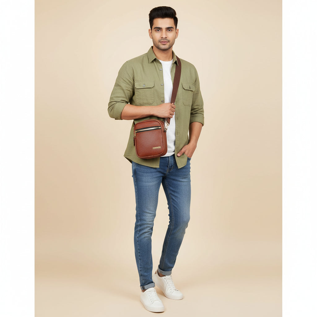 Men's and Women's Genuine Leather Sling Bag | Crossbody Shoulder Bag for Travel & Office | Vegan Leather Bag with Adjustable Strap & Spacious Design