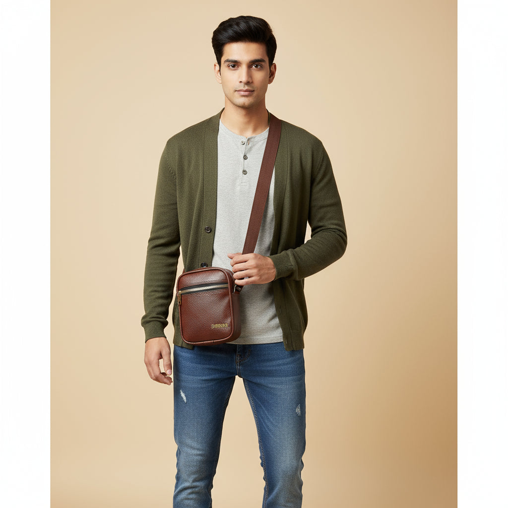 Men's and Women's Genuine Leather Sling Bag | Crossbody Shoulder Bag for Travel & Office | Vegan Leather Bag with Adjustable Strap & Spacious Design