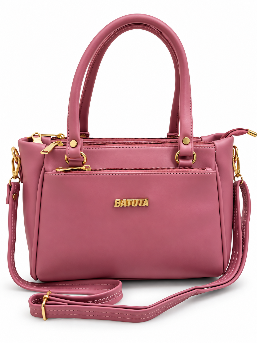 BATUTA Women’s Premium Faux Leather Handbag with Multiple Zipper Compartments, Double Handle & Sling Strap