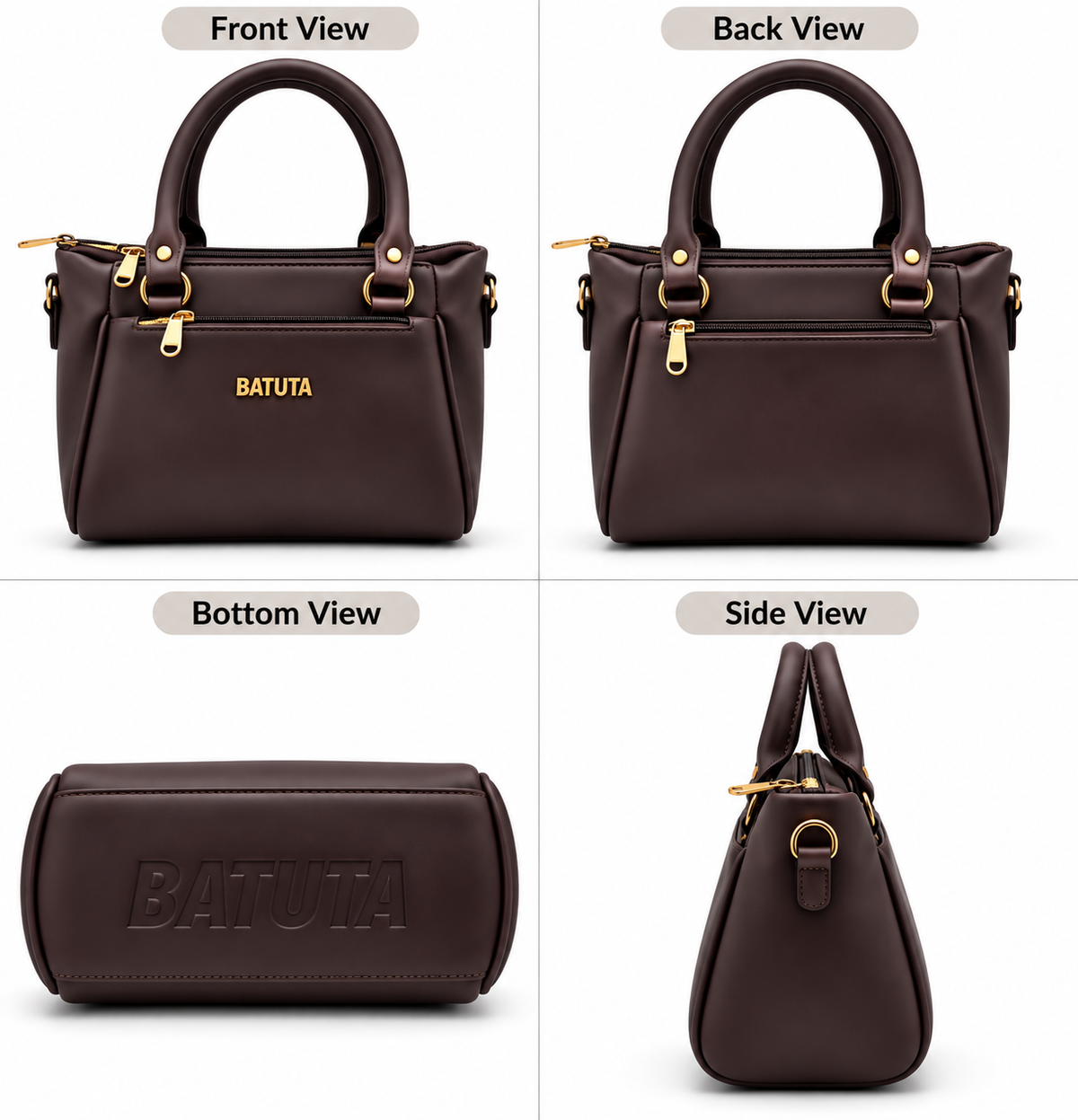 BATUTA Women’s Premium Faux Leather Handbag with Multiple Zipper Compartments, Double Handle & Sling Strap